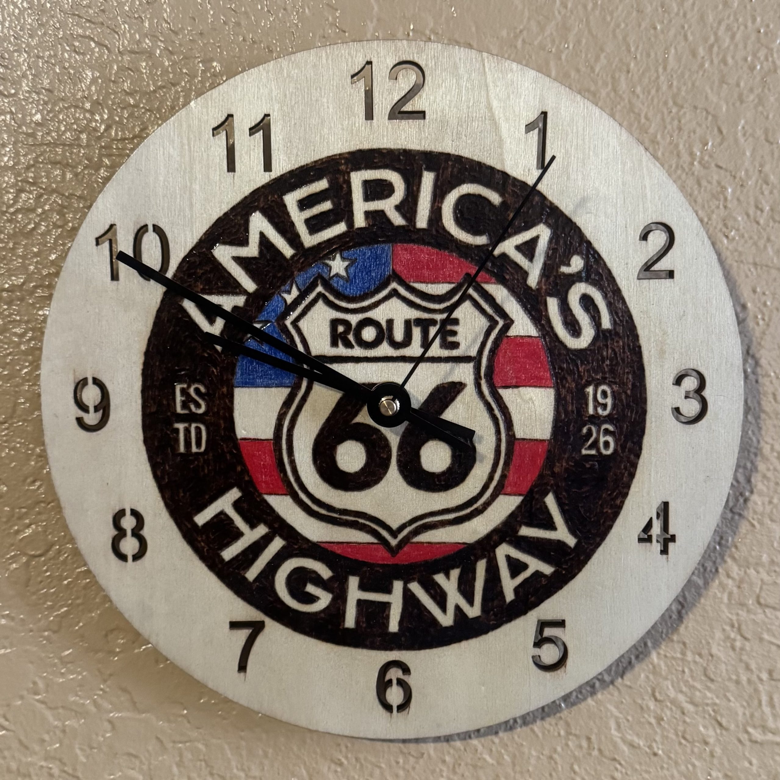 Hand Burned Route 66 Clock